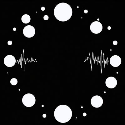 The primary subject of the image is a black background with white circles and white sound waves. The setting is a dark background, and the visual style is a combination of digital art and illustration. The dominant colors are black and white, creating a mood of simplicity and minimalism.
